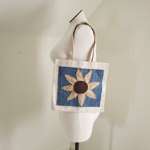 Artisan Crafted Burlap Sunflower Patchwork Applique Tote Bag
